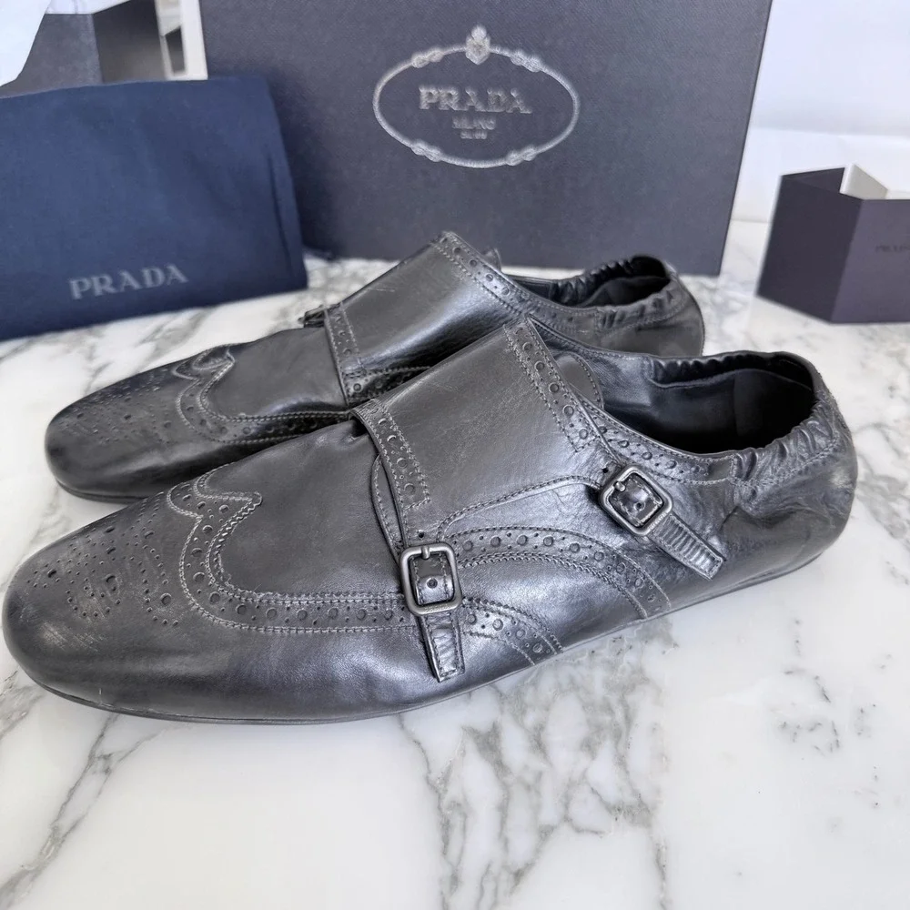 Prada 2EG469‎ Mens Leather Double Monk Strap Wingtip Shoes Grey Black UK 11